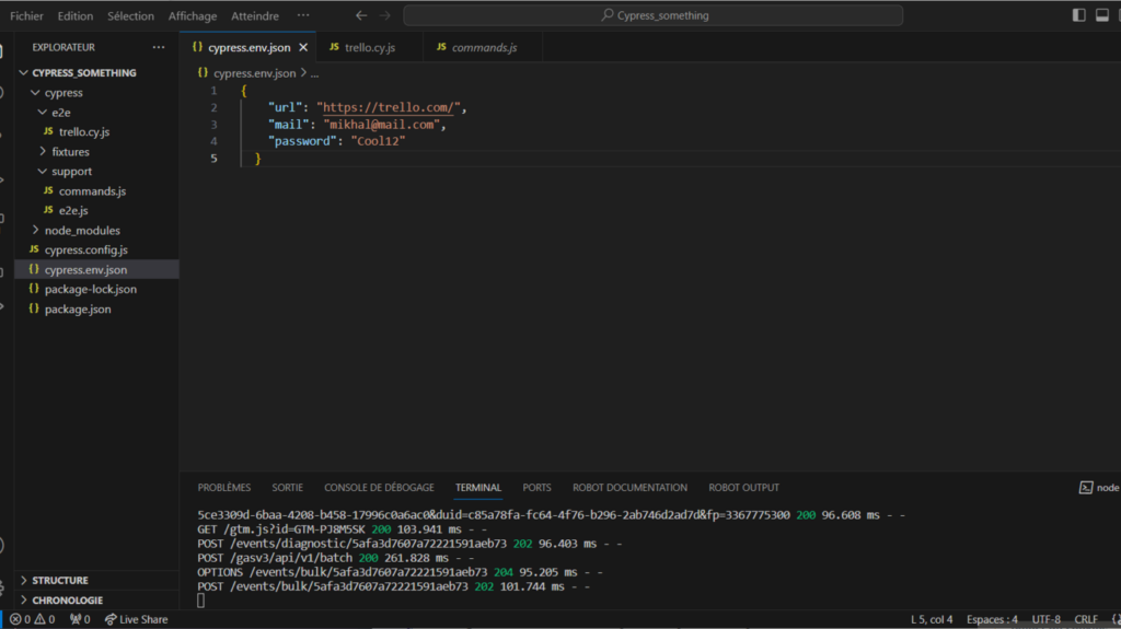 Variables d'environnement dans le fichier `cypress.env.json`