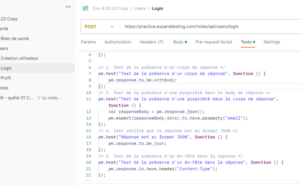Postman Test de réponse JSON