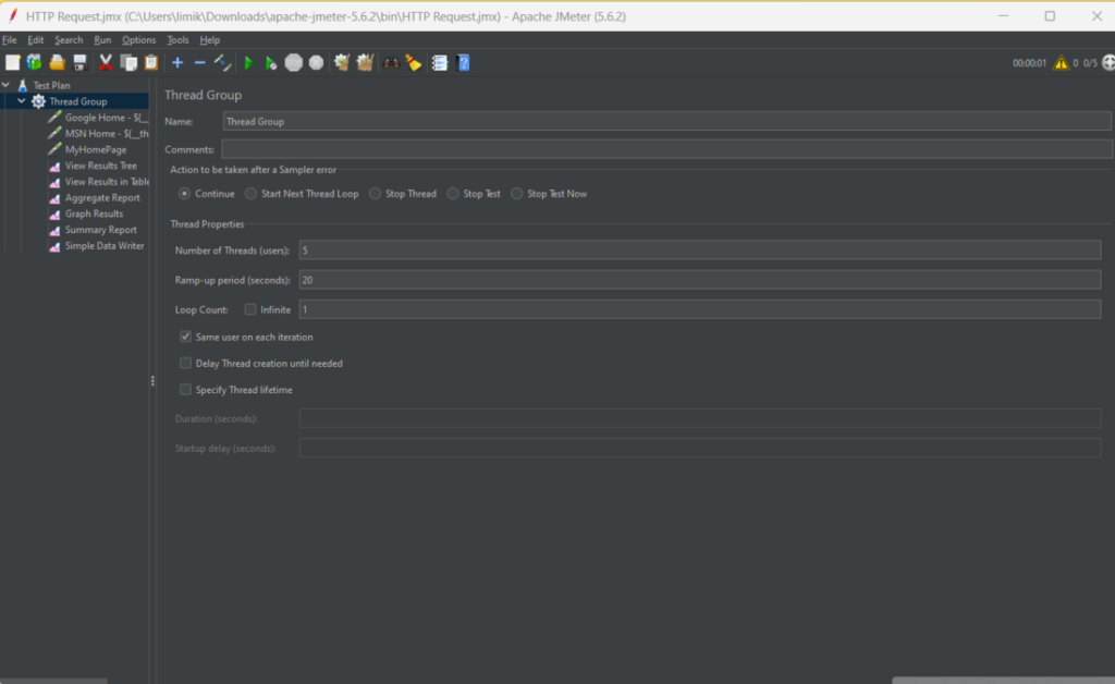 JMeter. Configuration du Groupe de Threads