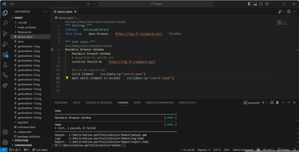 Continuité des cas de test avec des actions spécifiques sur le site